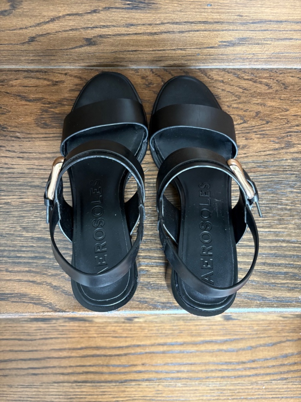 Aerosoles' Ellazia Buckle Strap Black Leather Sandal Heels - Picture 4 of 8
